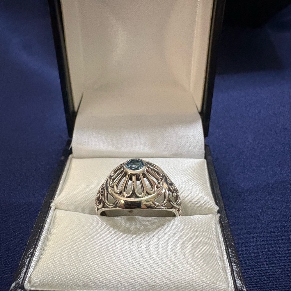 Ring*Sterling Silver Aquamarine Gemstone Floral Design Filigree Band - Picture 3 of 5